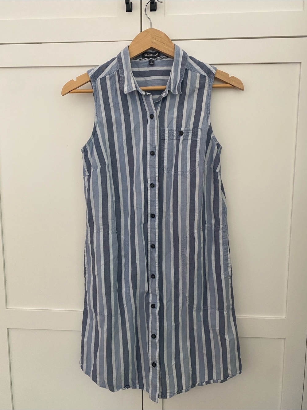 Toad&Co Organic Cotton Blue Vertical Stripes Sleeveless Shirt Dress Size Small